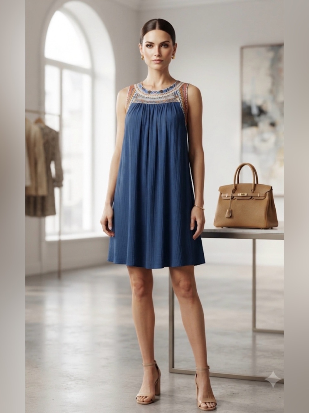 Westport Navy Pleated Sleeveless Dress with Embroidered Yoke
